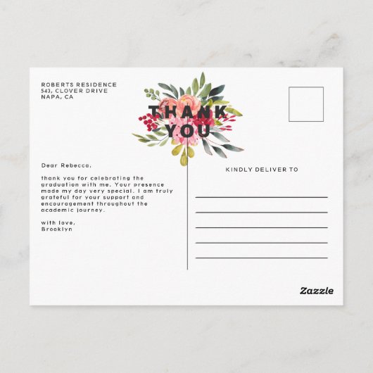 Whimsical Bloemen Afstuderen Dank u Briefkaart (Achterkant)