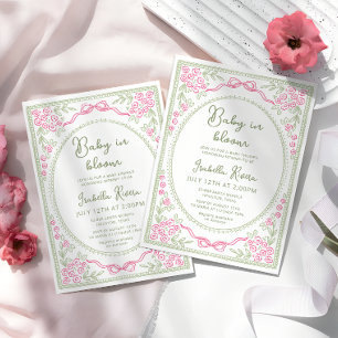 Whimsical Bloemen Baby Shower Roze en Groen Kaart