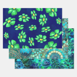 Whimsical Bloemen Blauw Groene Bloemen Decoupage Inpakpapier Vel