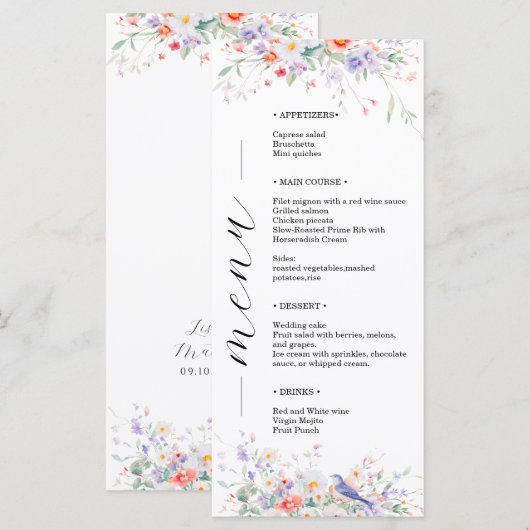 Whimsical Bloemen & Blauwe Vogels Waterverf Bruilo Menu (Voorkant / Achterkant)
