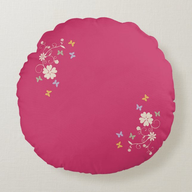 Whimsical Bloemen en Vlinder Accenten op Roze Rond Kussen (Voorkant)