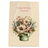 Whimsical Bloemen in een Pot Cute Verjaardag Medium Cadeauzakje (Achterkant)