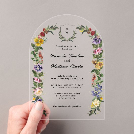 Whimsical Bloemen monogram trouwboog Acryl Uitnodigingen (Insitu (Draagbaar))