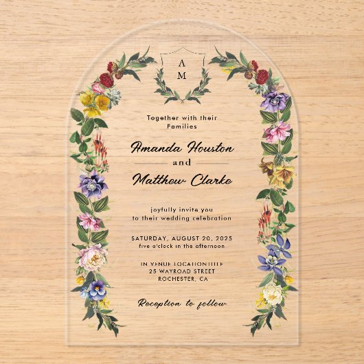 Whimsical Bloemen monogram trouwboog Acryl Uitnodigingen (Voorkant)