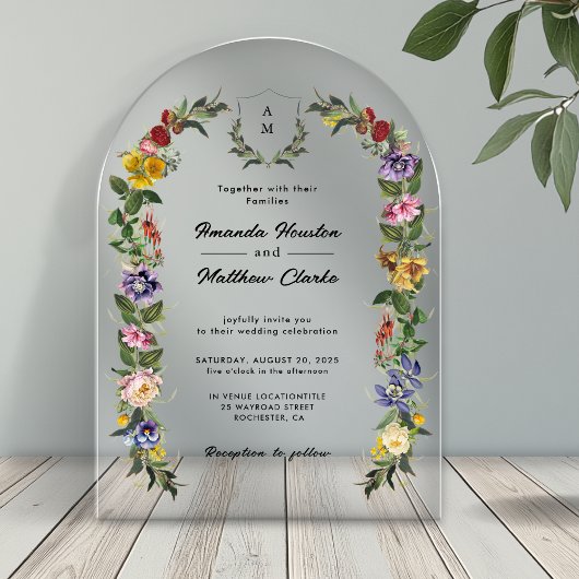 Whimsical Bloemen monogram trouwboog Acryl Uitnodigingen