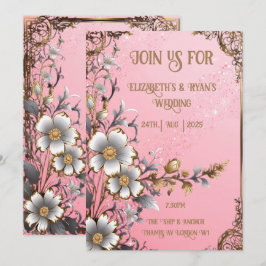 Whimsical Bloemen Roze Romantische Trouw Uitnodigi Kaart