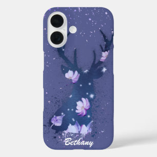 Whimsical Bloemen Stag Paarse Verf Splatter iPhone 16 Hoesje