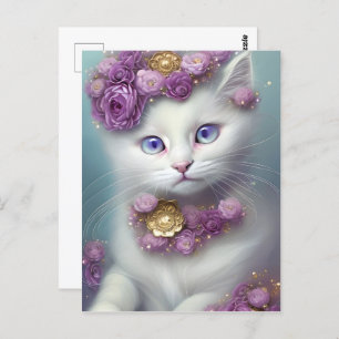 Whimsical Bloemen Wit Kat Portret Briefkaart