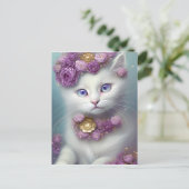 Whimsical Bloemen Wit Kat Portret Briefkaart (Staand voorkant)
