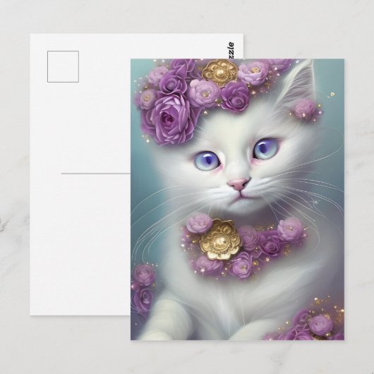 Whimsical Bloemen Wit Kat Portret Briefkaart (Voorkant / Achterkant)