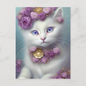 Whimsical Bloemen Wit Kat Portret Briefkaart (Voorkant)