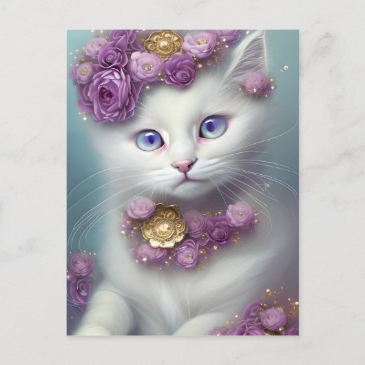Whimsical Bloemen Wit Kat Portret Briefkaart (Voorkant)