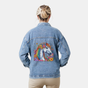 Whimsical Bloemen Wit Paard  Kleurrijk Denim Jacket