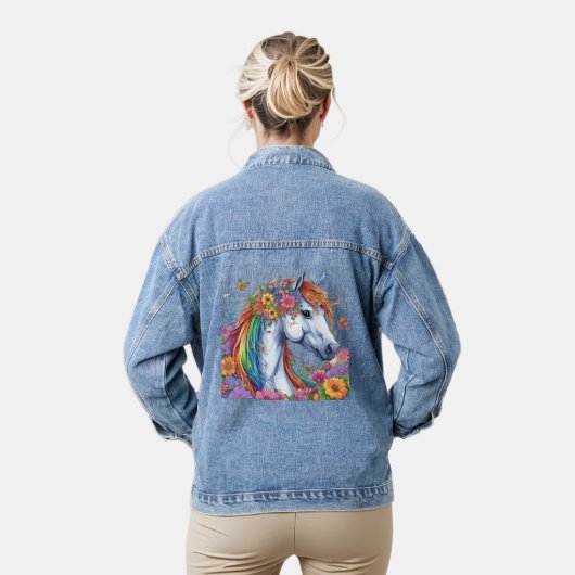 Whimsical Bloemen Wit Paard  Kleurrijk Denim Jacket (Model)