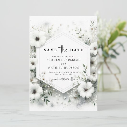Whimsical Bloemen Witte Bloemen Huwelijk Save The Date (Staand voorkant)