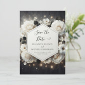 Whimsical Bloemen Witte Rozen bruiloft Save The Date (Staand voorkant)