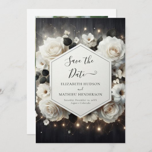 Whimsical Bloemen Witte Rozen bruiloft Save The Date (Voorkant / Achterkant)