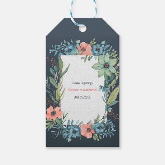 Whimsical Bloemen Zalm Blauw Groen Bruiloft Cadeaulabel (Voorkant)