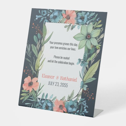 Whimsical Bloemen Zalm Blauw Groen Bruiloft Reclamebord Met Voetstuk (Voorkant)
