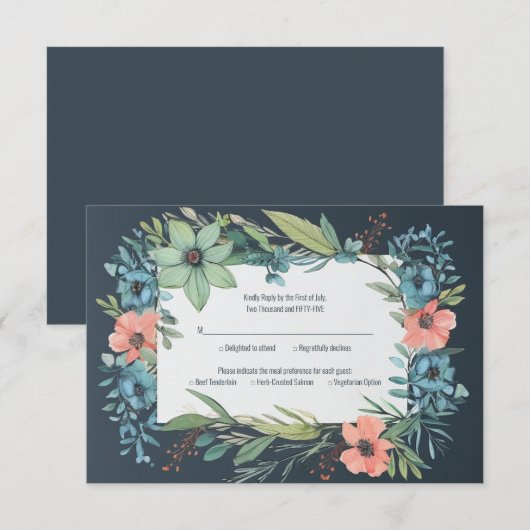 Whimsical Bloemen Zalm Blauw Groen Bruiloft RSVP Kaartje (Voorkant / Achterkant)