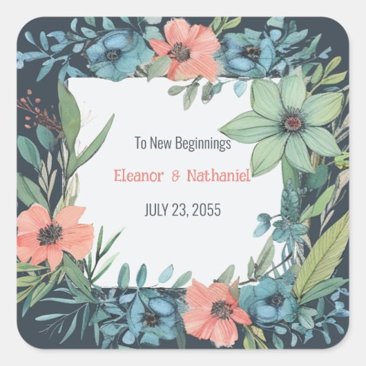 Whimsical Bloemen Zalm Blauw Groen Bruiloft Vierkante Sticker (Voorkant)