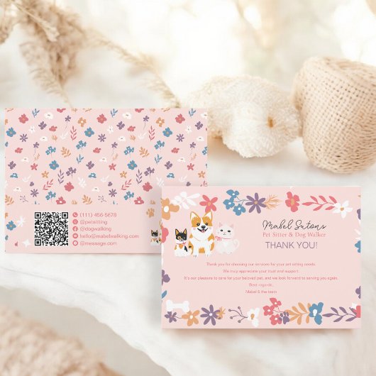 Whimsical bloemenhuisdier oppas hond walker busine bedankkaart