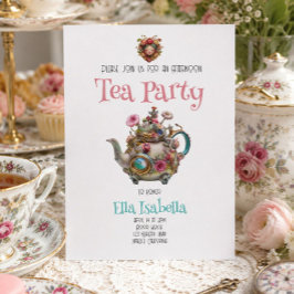 Whimsical Bloemensprook Thee Middagfeestje Vintage Kaart