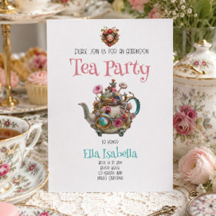 Whimsical Bloemensprook Thee Middagfeestje Vintage Kaart