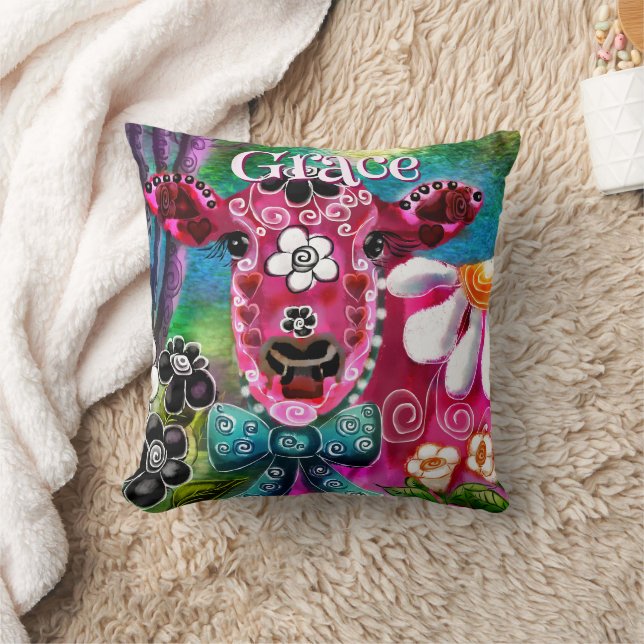 Whimsical Bloemkoe Roze Teal Zwart Persoonlijk Kussen (Deken)