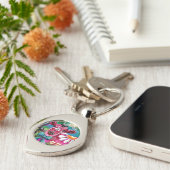 Whimsical Bloemkoe Roze Teal Zwart Persoonlijk Sleutelhanger (Zijkant)