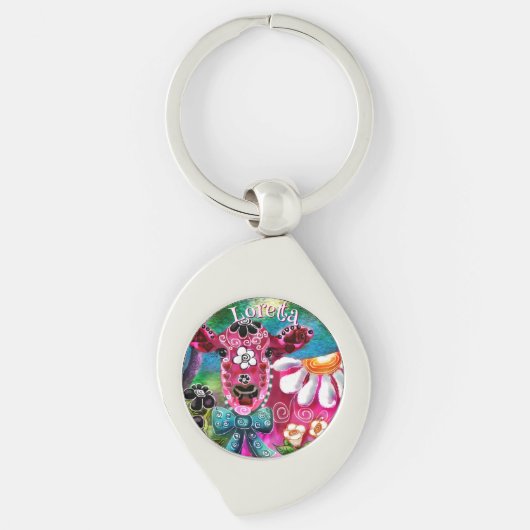 Whimsical Bloemkoe Roze Teal Zwart Persoonlijk Sleutelhanger (Voorkant)