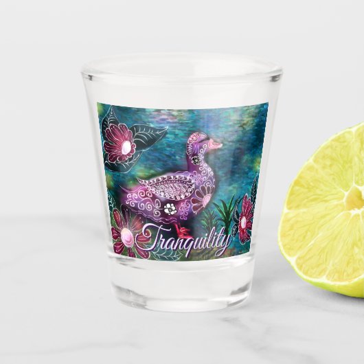 Whimsical Bloemrijke Eend Paars Turquoise Persoonl Shot Glas (Voorkant)