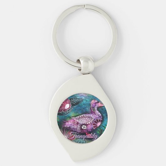 Whimsical Bloemrijke Eend Paars Turquoise Persoonl Sleutelhanger (Voorkant)