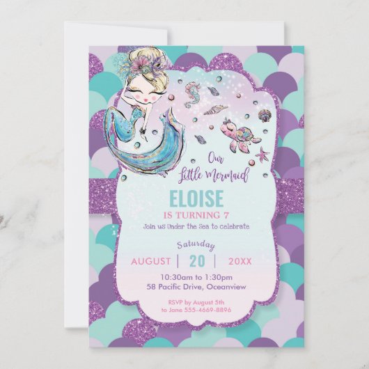 Whimsical Blondine Zeemeermin Verjaardagsfeestje P Kaart (Voorkant)