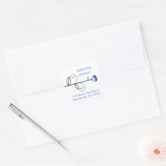 Whimsical Bloom Tree Blue Stippen Chique retour ad Vierkante Sticker (Envelop)