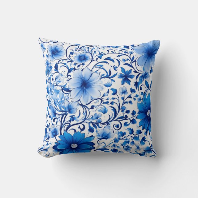 Whimsical Blooms Elegance in Blauw en Wit Kussen (Voorkant)