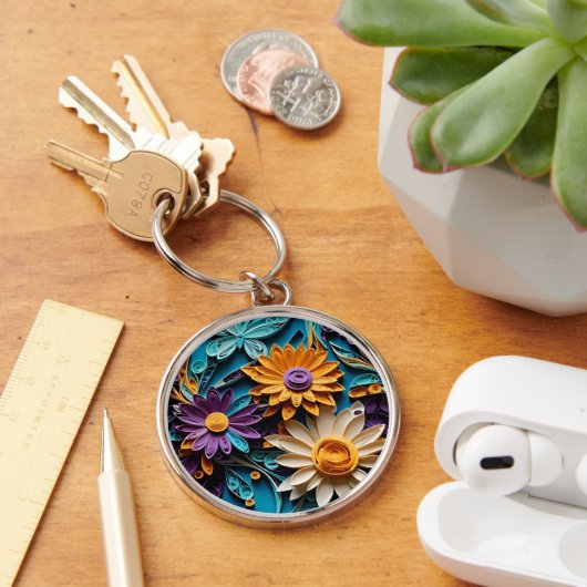 Whimsical Blossoms: Gekleurde Bloemen Papier Kunst Sleutelhanger (Bureau)