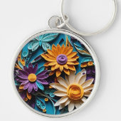 Whimsical Blossoms: Gekleurde Bloemen Papier Kunst Sleutelhanger (Voorkant)
