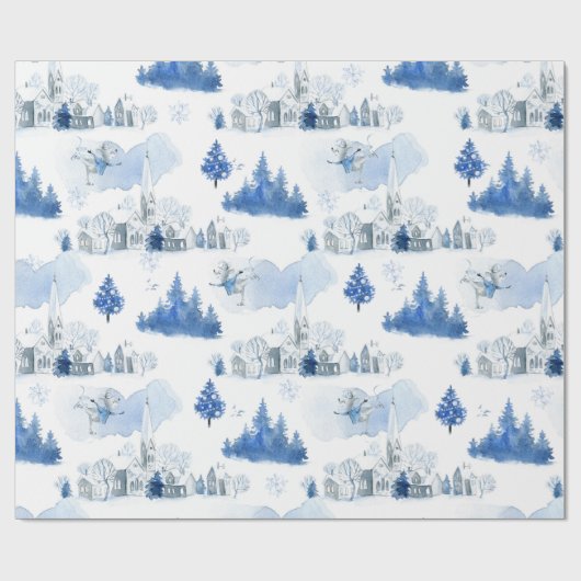 Whimsical Blue and White Mouse Village Holiday Cadeaupapier (Vlak)