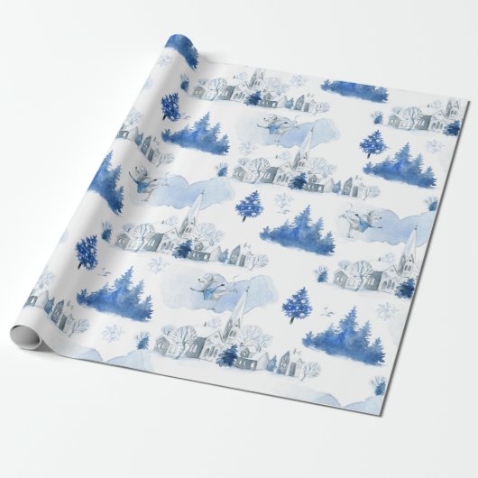 Whimsical Blue and White Mouse Village Holiday Cadeaupapier (Uitgerold)