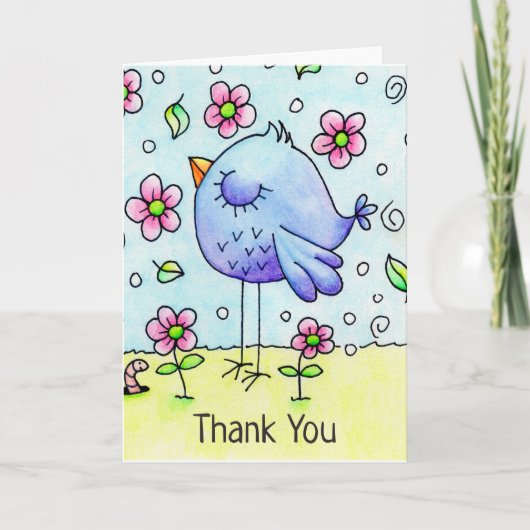 Whimsical Blue Bird and Flowers Bedankkaart (Voorkant)