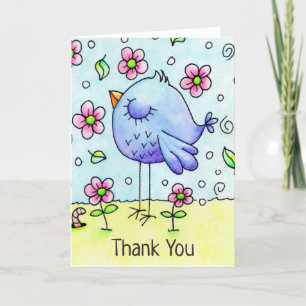 Whimsical Blue Bird and Flowers Bedankkaart