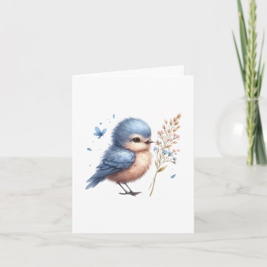 Whimsical Blue Bird met bloemen en vlinders Kaart (Voorkant)