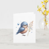 Whimsical Blue Bird met bloemen en vlinders Kaart (Gele Bloem)