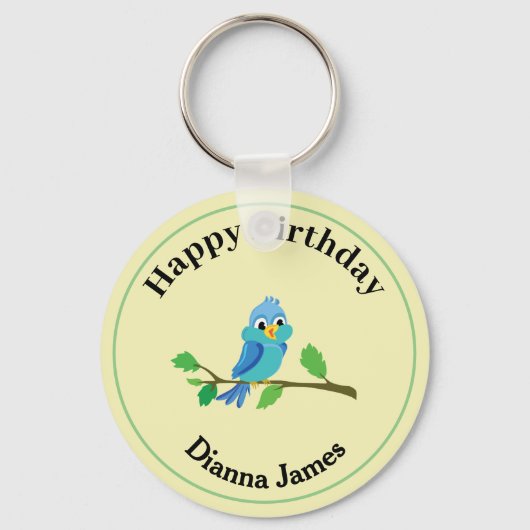 Whimsical Blue Bird Round Sleutelhanger (Voorkant)