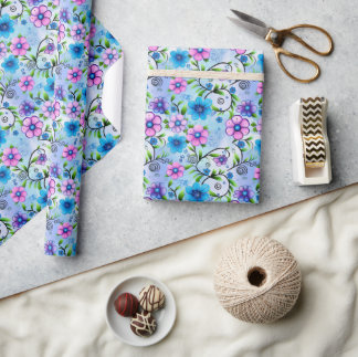 Whimsical Blue Bloemen Illustratie – Fun & Dreamy Cadeaupapier