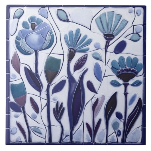 Whimsical Blue Bloemen Tegeltje (Voorkant)