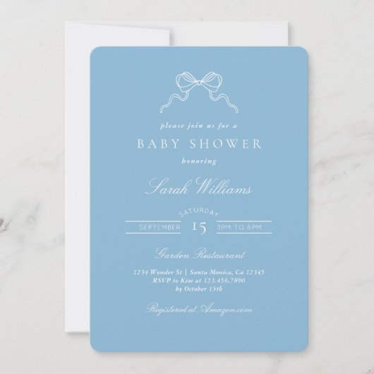 Whimsical Blue Bow Baby Shower Boy invitation Kaart (Voorkant)