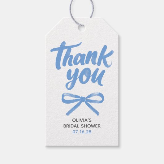 Whimsical Blue Bow Handwritten Bridal Thank You Cadeaulabel (Voorkant)