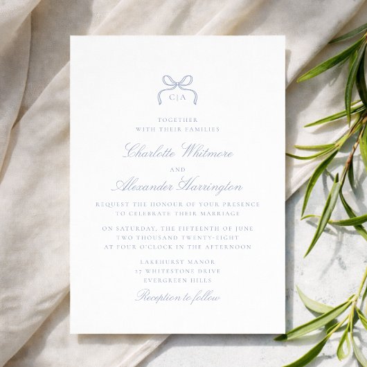 Whimsical Blue Bow Wedding Invitation Kaart